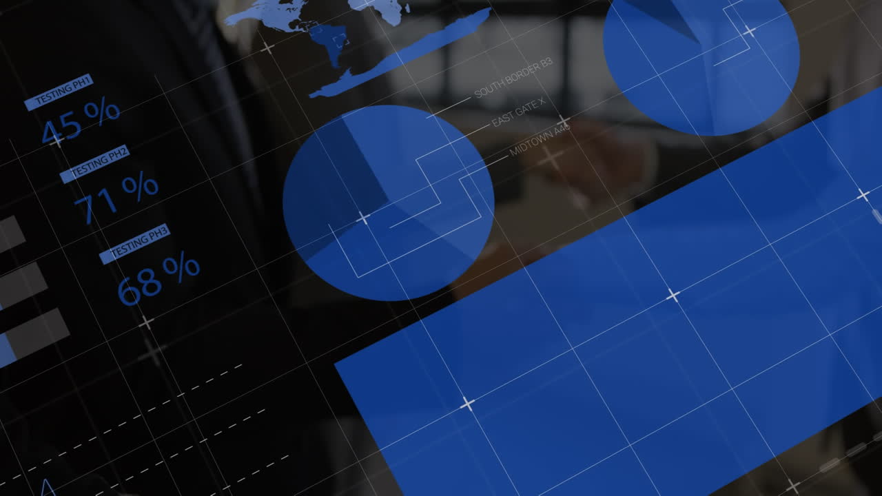 Animation of statistics and data processing over businessman handshake