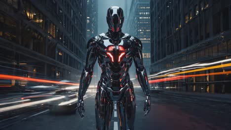 futuristic robot in a cyberpunk city