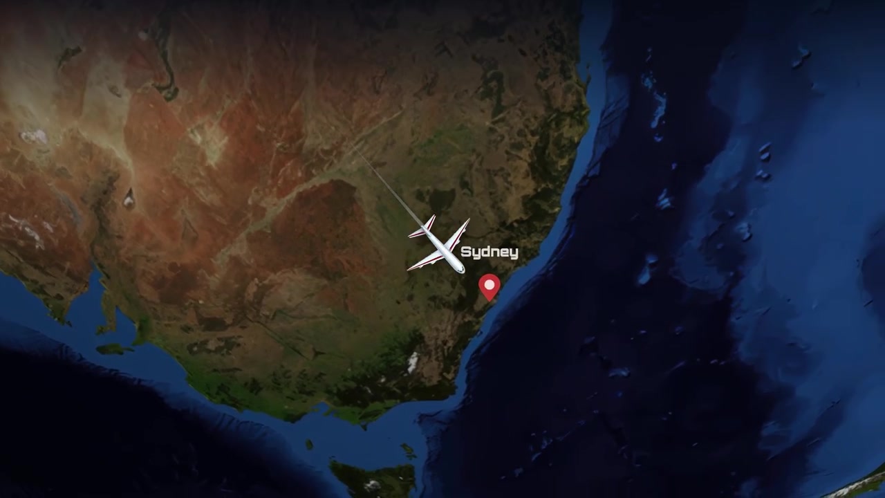Satellite map animation tracks a commercial airplane flying from Guangzhou, China to Sydney, Australia