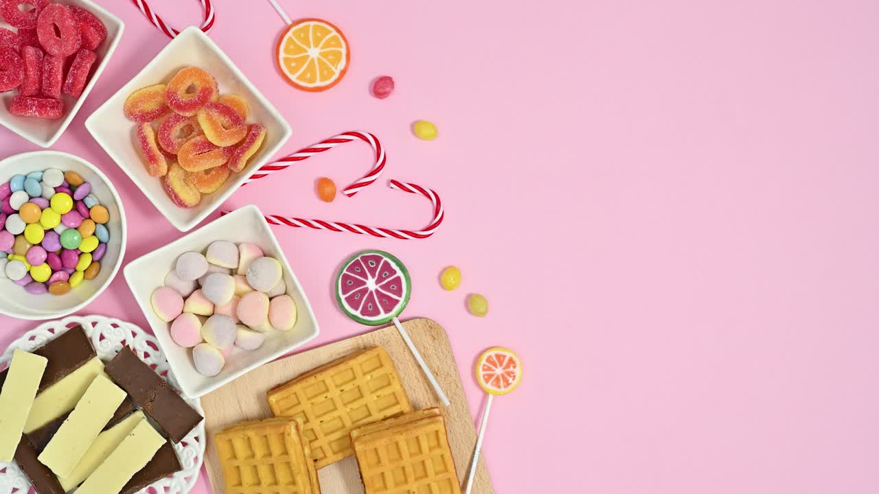 caramelos coloridos y postres dulces se mueven en el lado izquierdo del tema rosa pastel. detenga el movimiento