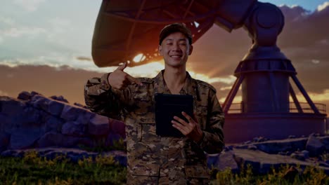 asian man soldier smiling and pointing to a tablet in his hand while standing with satellite dish