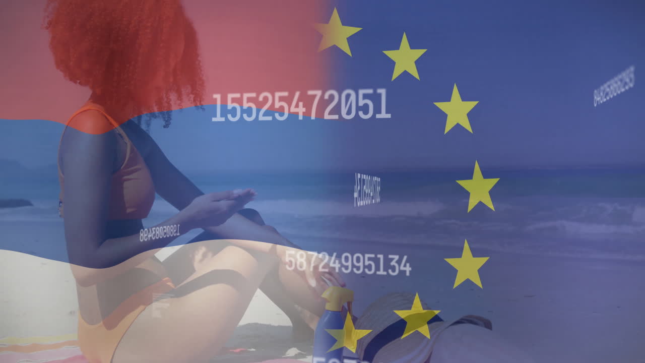 Relaxing on beach, woman with European Union flag and animation numbers overlay