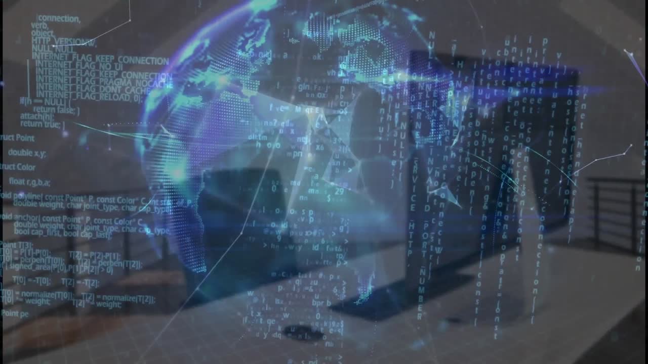 animación de redes de plexus que forman un globo y procesamiento de datos contra el escritorio