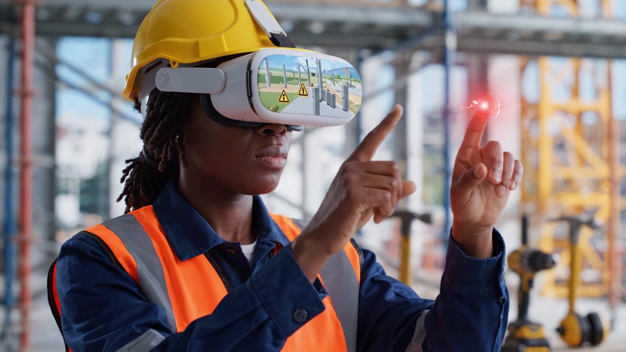 Exploring Virtual Reality in Construction: A Worker Engaged in Suspended Reality with VR Headset, Enhancing Training and Safety Protocols On-Site