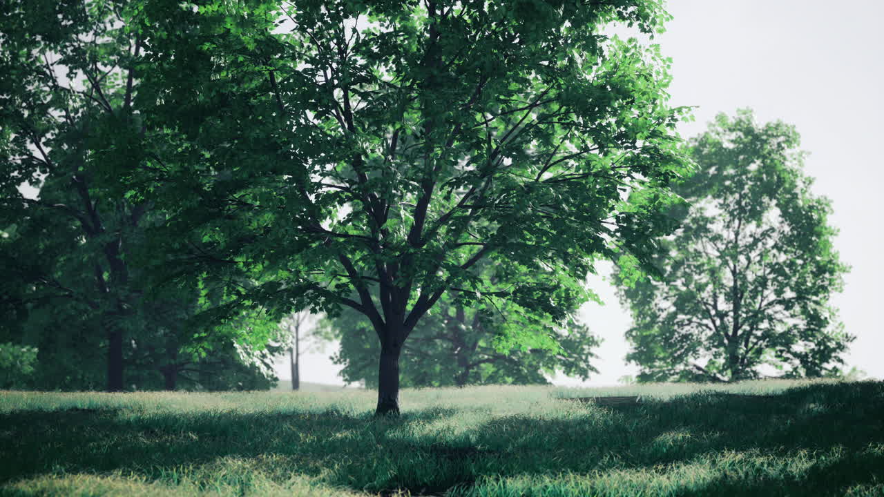 Lush green trees in a serene landscape under bright sunlight