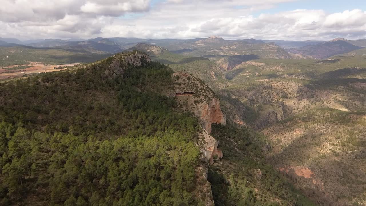 imagen de un avión no tripulado avanzando en un paisaje montañoso con pinos