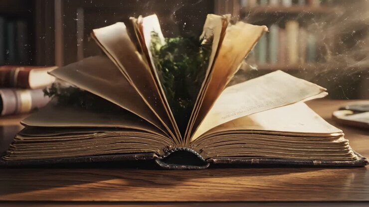 Una foresta in miniatura che emerge da un libro aperto