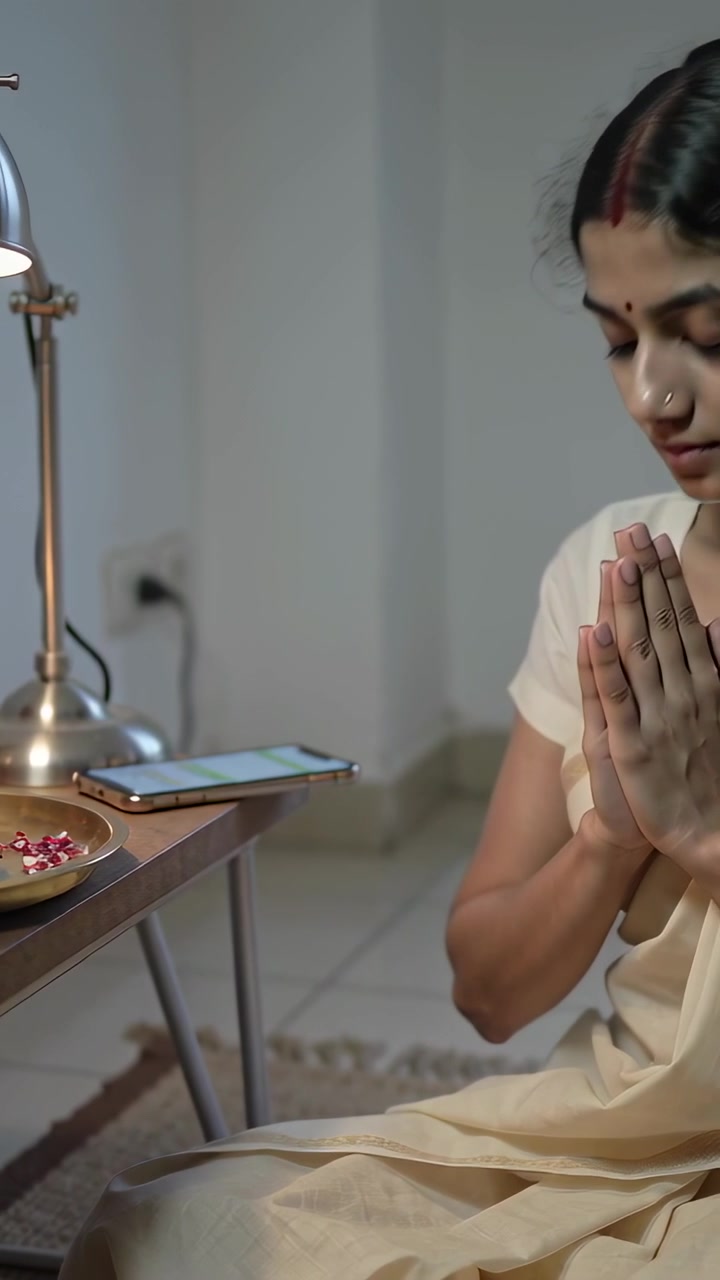 Vertical video: Folding hands Indian woman in saree praying on rug at home, with lamp phone petals