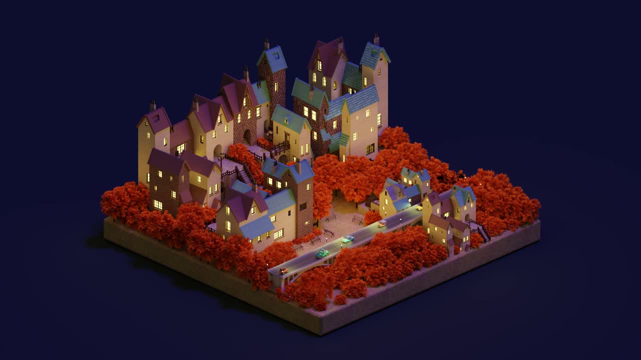 Model of illuminated multistoried buildings in autumn during night time. 3d loop isometric view