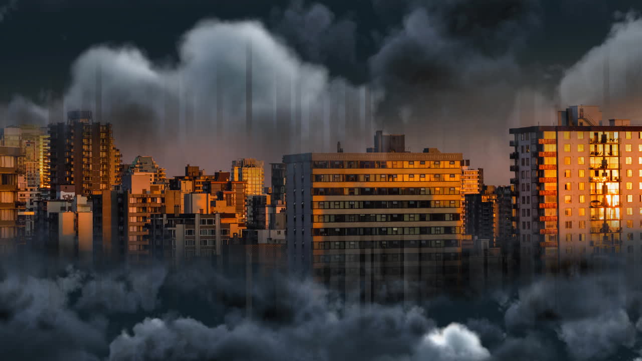 animación del paisaje urbano y las nubes tormentosas con cuadrícula