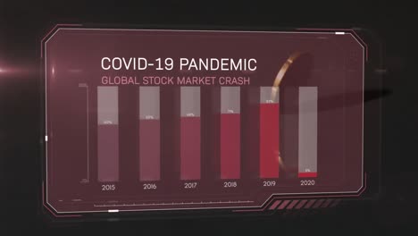 animation of covid-19 financial data processing over golden coin spinning against black background