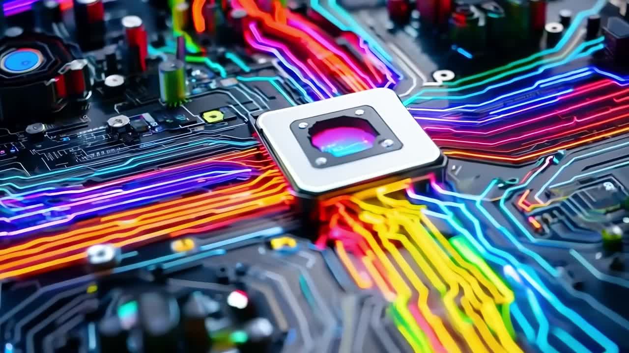 A close up of a computer motherboard with colorful lights