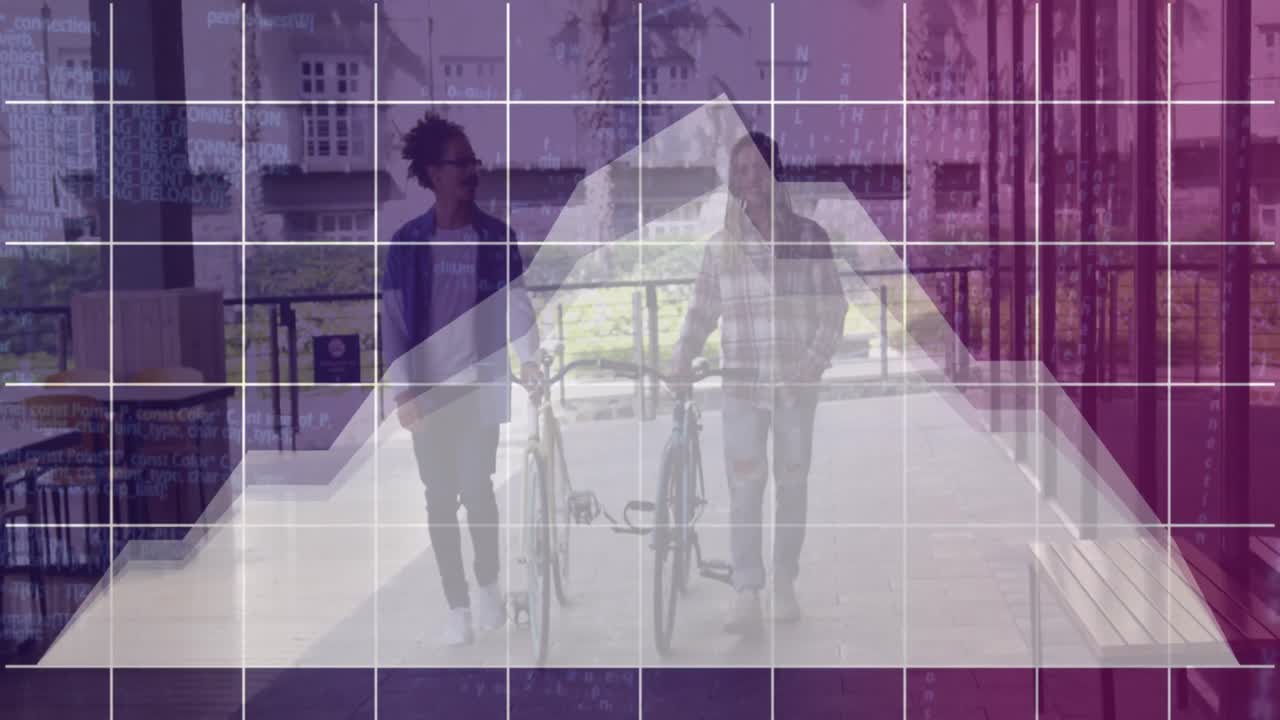 animación de procesamiento de datos estadísticos contra dos hombres diferentes con bicicleta caminando al aire libre