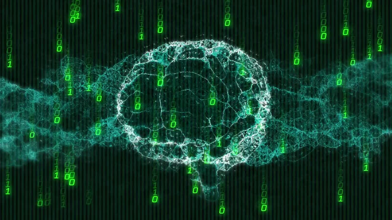 Animation of data processing and binary coding over human brain