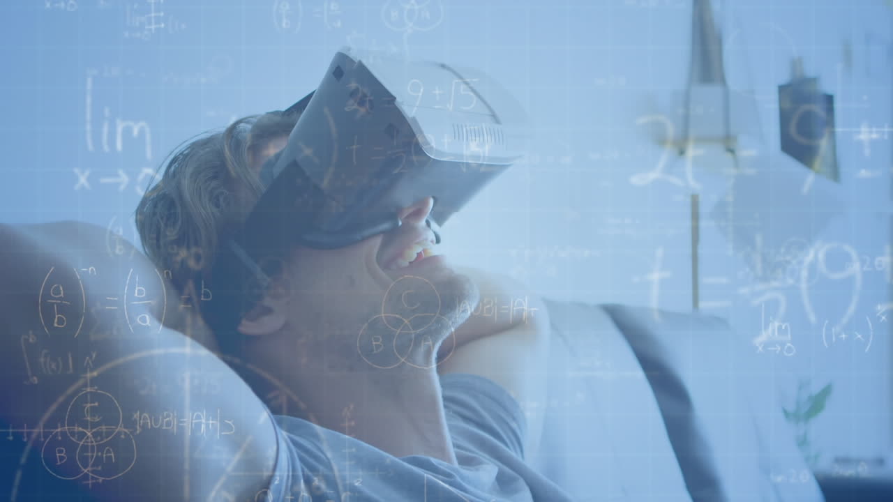헤드 ⁇ 을 착용한 사람 위에 수학적 그림과 방정식의 애니메이션