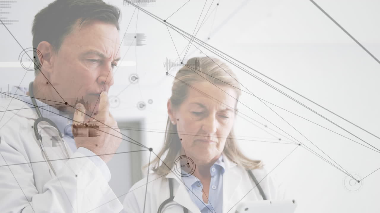 la animación digital muestra a los médicos usando tabletas en medio de datos y conexiones de red para la investigación.