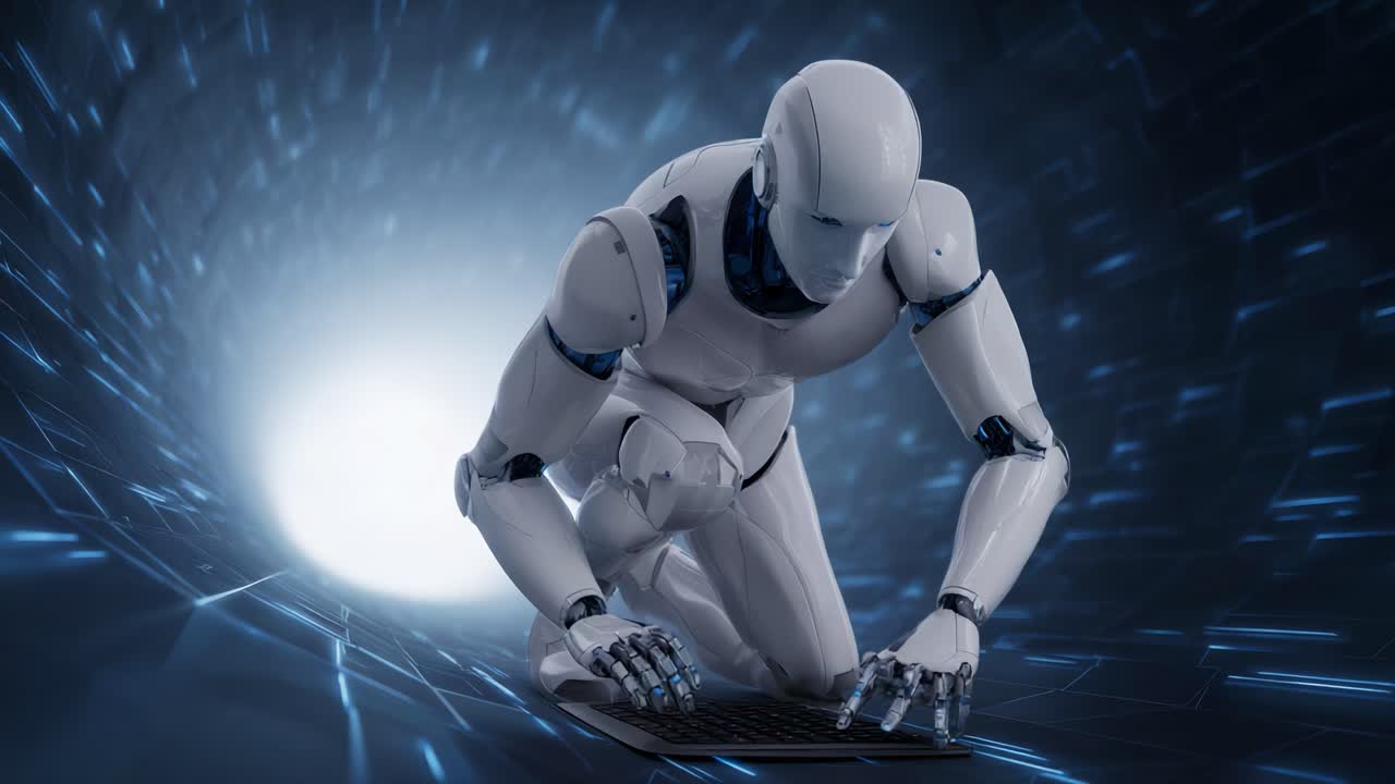 Futuristic Robot Engaged in Advanced Technological Interaction Within a Digital Portal, Showcasing the Intersection of Humanity and Machine Intelligence
