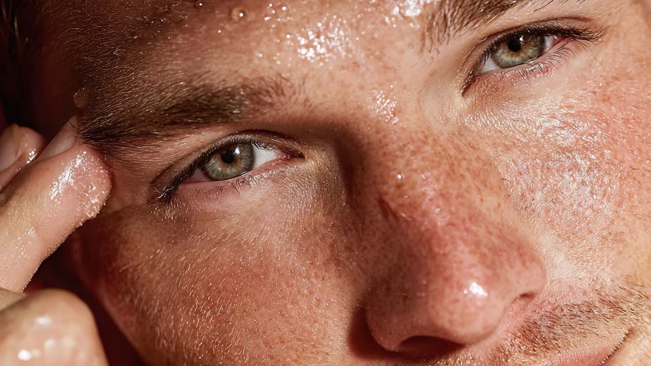Close-up Portrait of a Young Man with Glowing Skin and Intense Gaze, Highlighting Natural Beauty and Texture in a Dramatic Lighting Setting