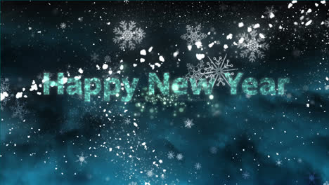 animation of happy new year text, fireworks and christmas star falling