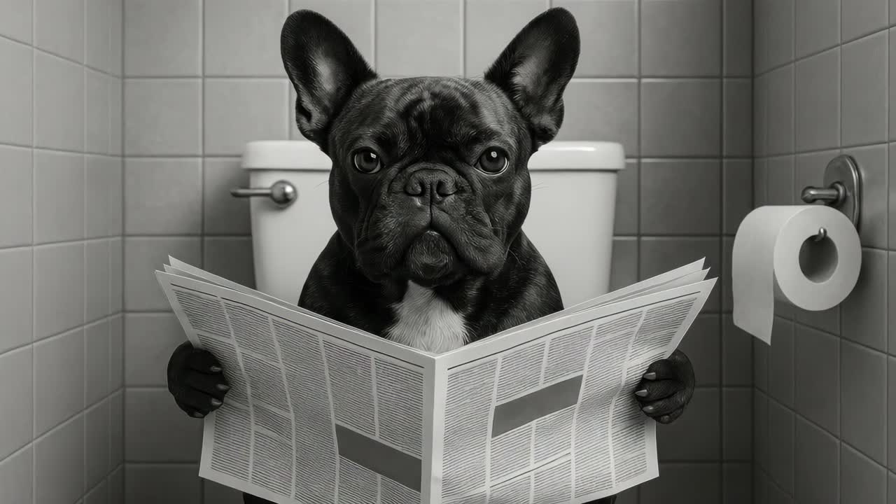 A humorous black and white video concept featuring a French Bulldog reading a newspaper on a toilet