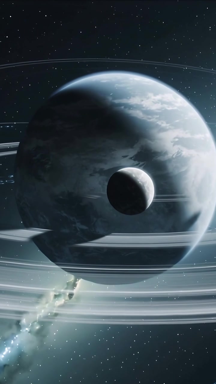 Vertical video: Panning camera showing ringed gas-giant and transiting moon in space, debris stream