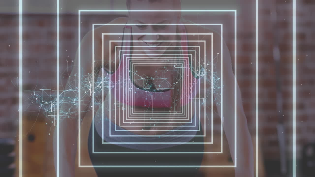 animación de un túnel brillante con una red de conexiones sobre una mujer haciendo ejercicio
