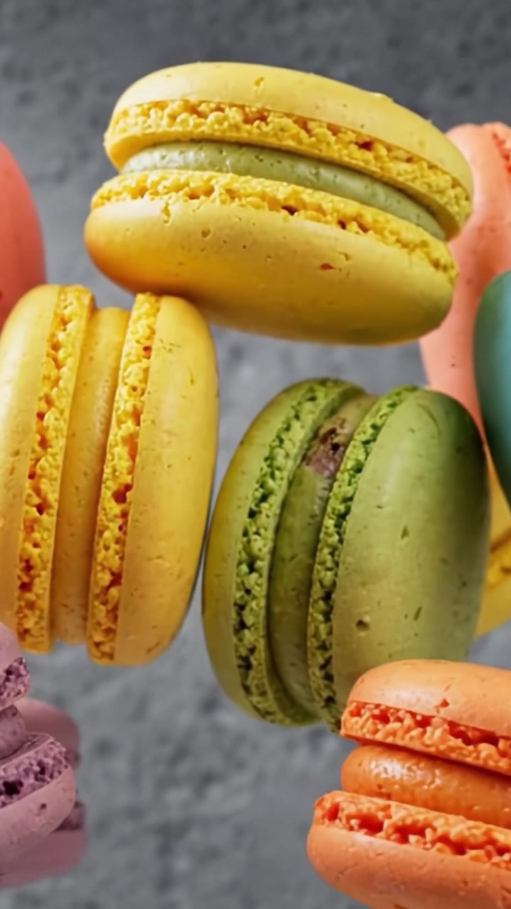 A Vibrant Display of Colorful Macarons Arranged Artfully Against a Textured Background, Showcasing Various Flavors and Eye-Catching Colors for Desserts Lovers