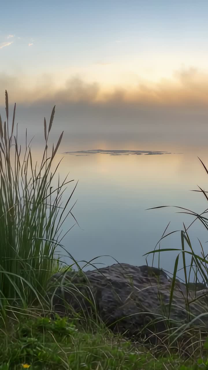 Video vertical: Cámara encuadrando roca en la orilla cubierta de hierba y juncos en el lago, la brisa agitando la niebla, ondulando