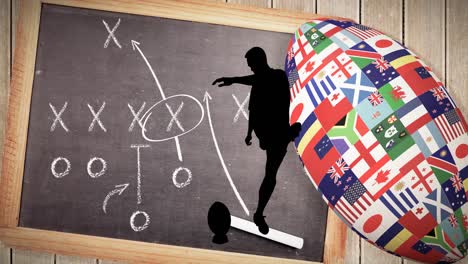 Animation-of-silhouette-of-rugby-player-and-rugby-ball-formed-with-flags-with-board-background