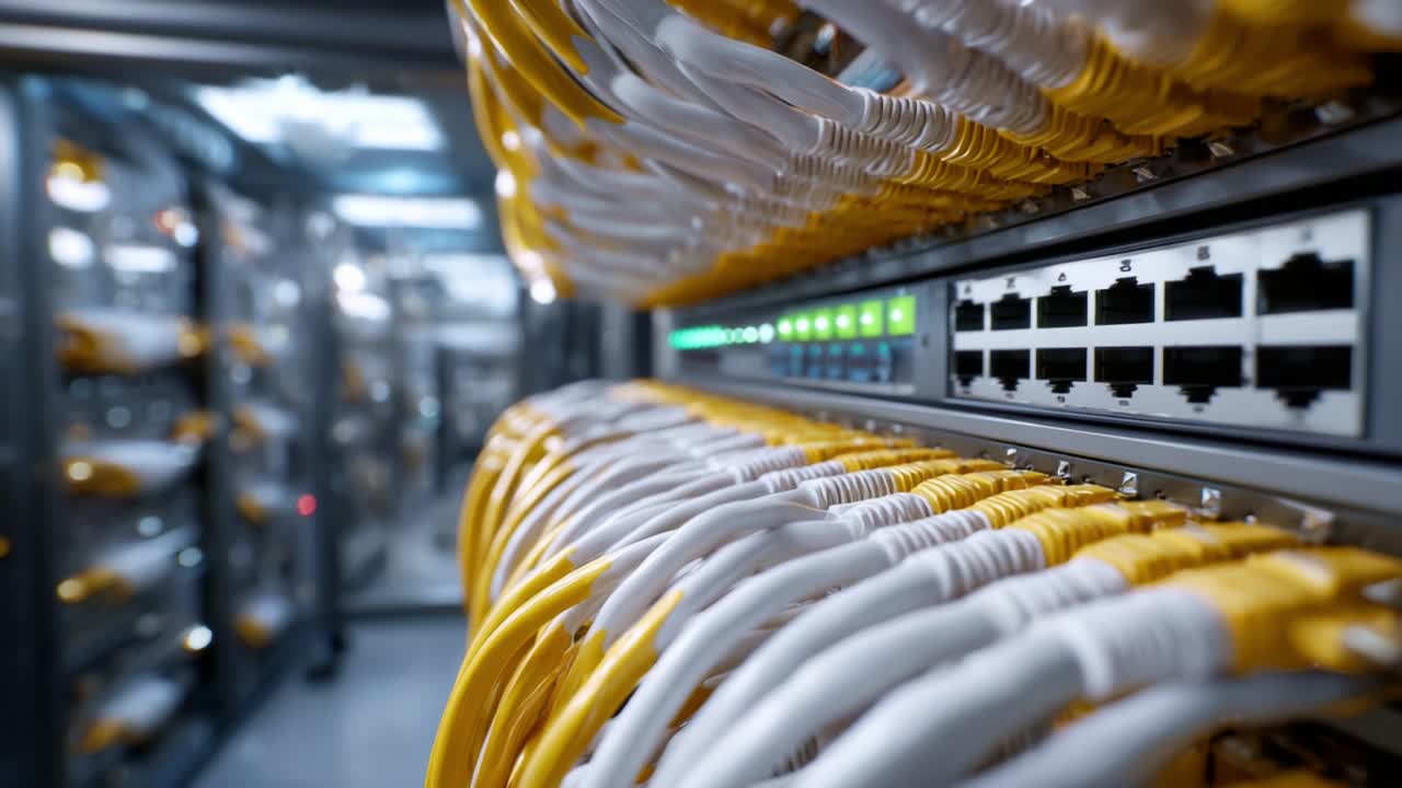 Et nærbilde av nettverkskabler som kobles til en server, som viser det intrikate oppsettet og den moderne teknologien som brukes i datalagrings- og overføringssystemer