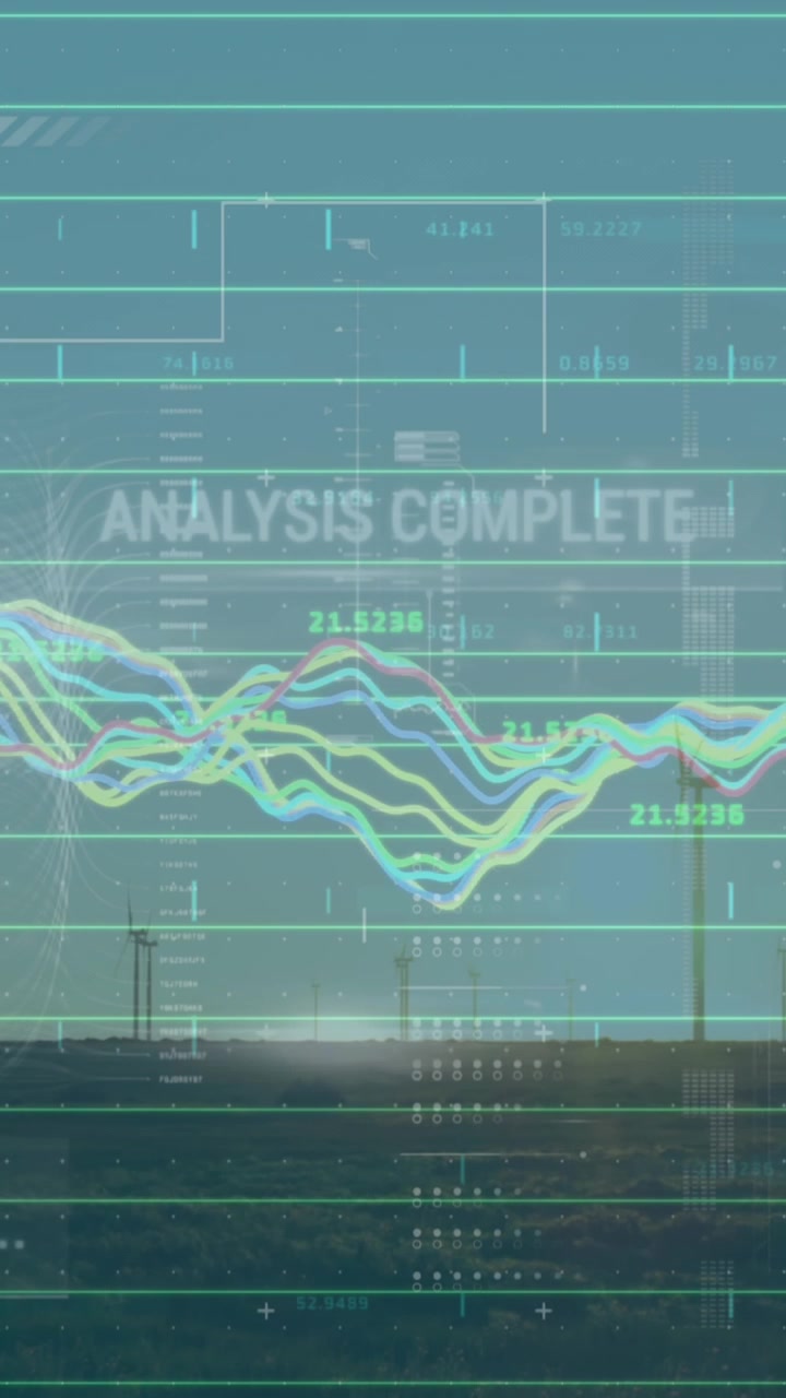 Animation of interface with data processing against spinning windmills on grasslands