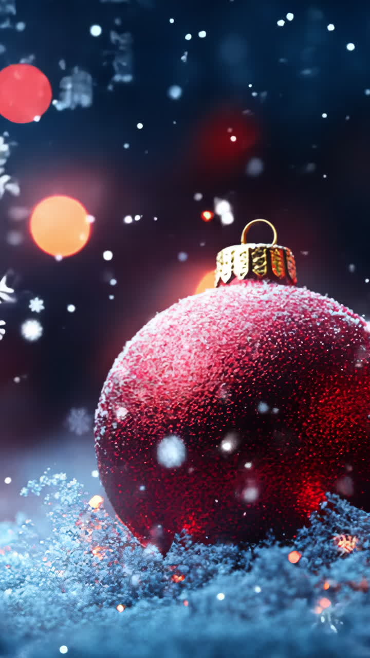 Two red Christmas ornaments are sitting on top of a snowy surface. The scene is festive and cozy, with the snow adding a touch of magic to the image