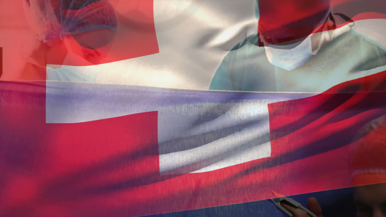 Healthcare professionals wearing masks with Swiss flag, symbolizing medical care animation