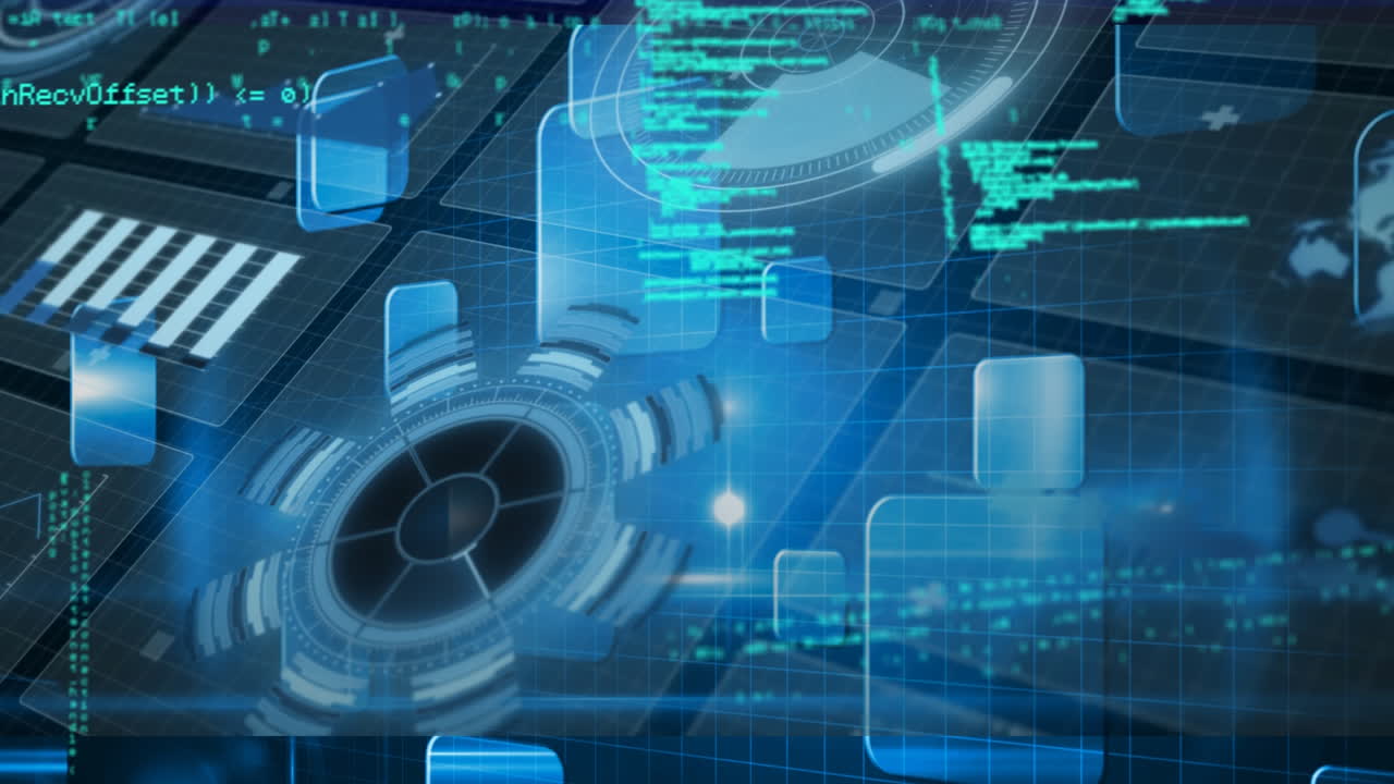 파란색 배경의 화면에서 범위 스캐닝과 데이터 처리의 애니메이션