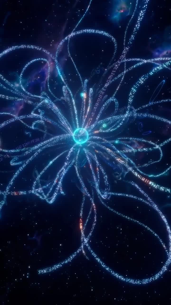 Vista video dall'alto di filamenti cosmici astratti e luminosi che irradiano da un punto centrale