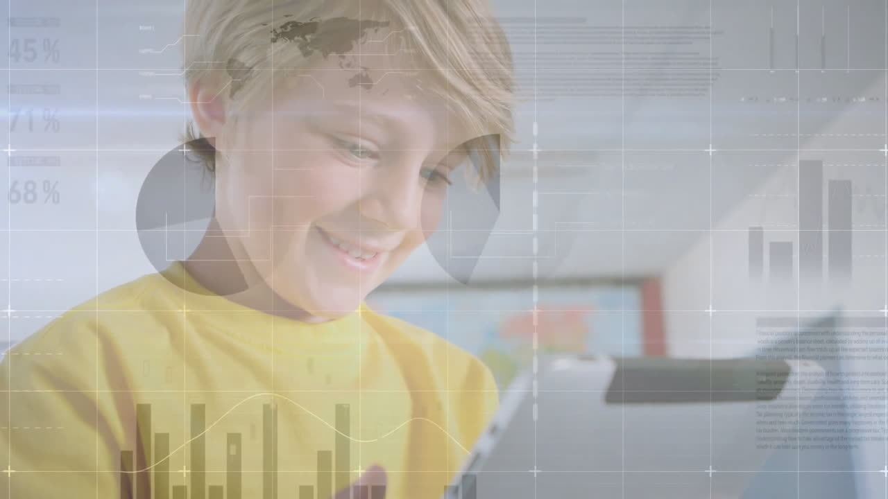 Animation of infographic interface over smiling caucasian man scrolling on digital tablet