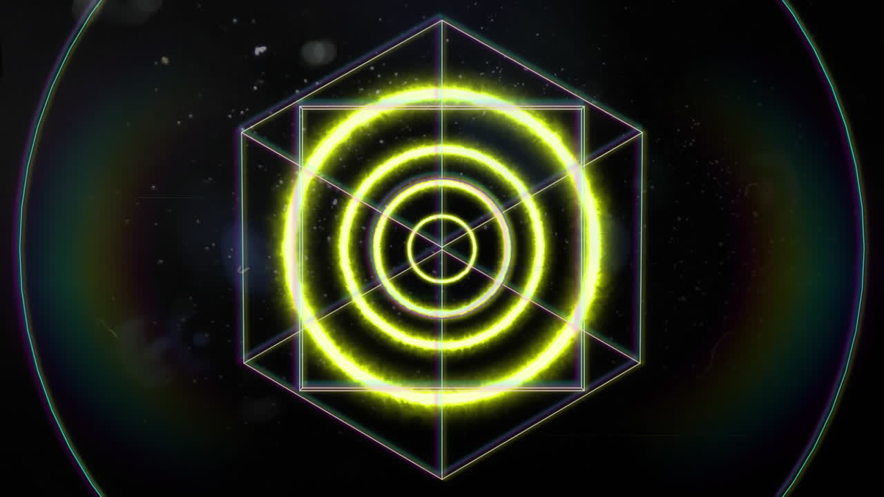 círculos concéntricos de neón coloridos con cubos de contorno que se mueven sobre un fondo negro