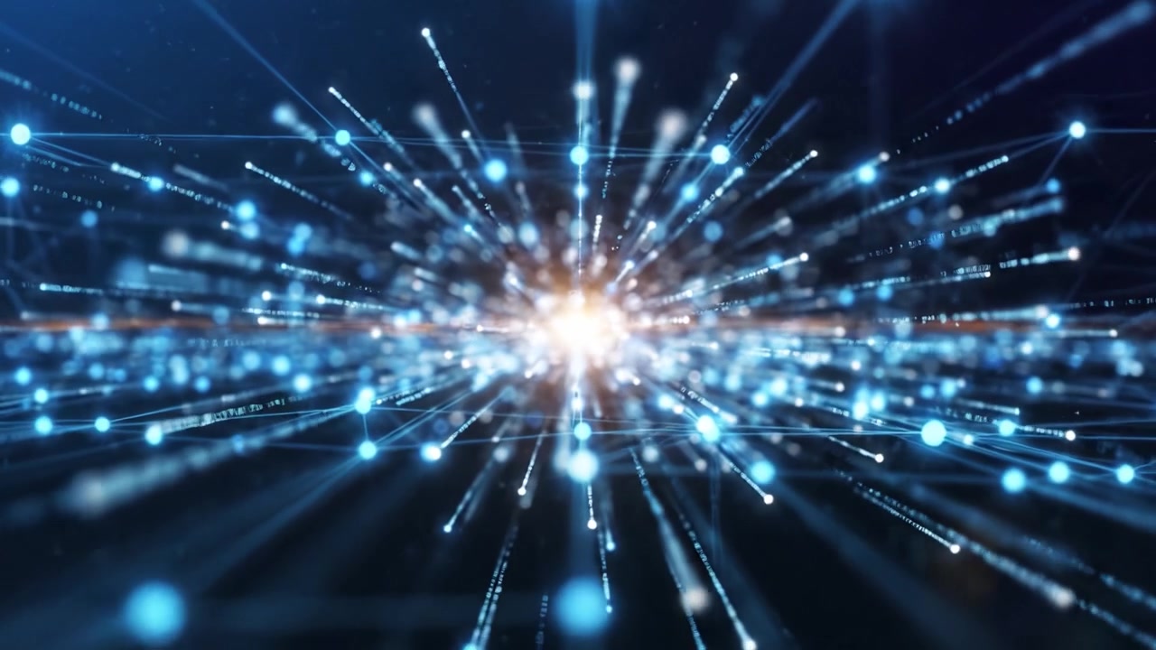 Dynamic Connection of Particles Evolving from a Mesh to a Radiating Burst of Light, Symbolizing Innovation and Advanced Technology in a Digital Realm.