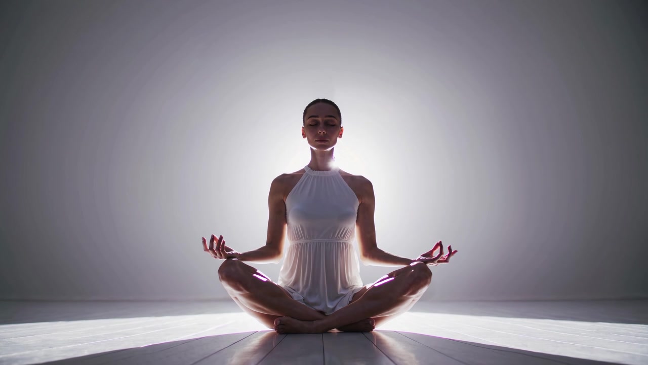 Giovane donna che pratica yoga in posizione del loto