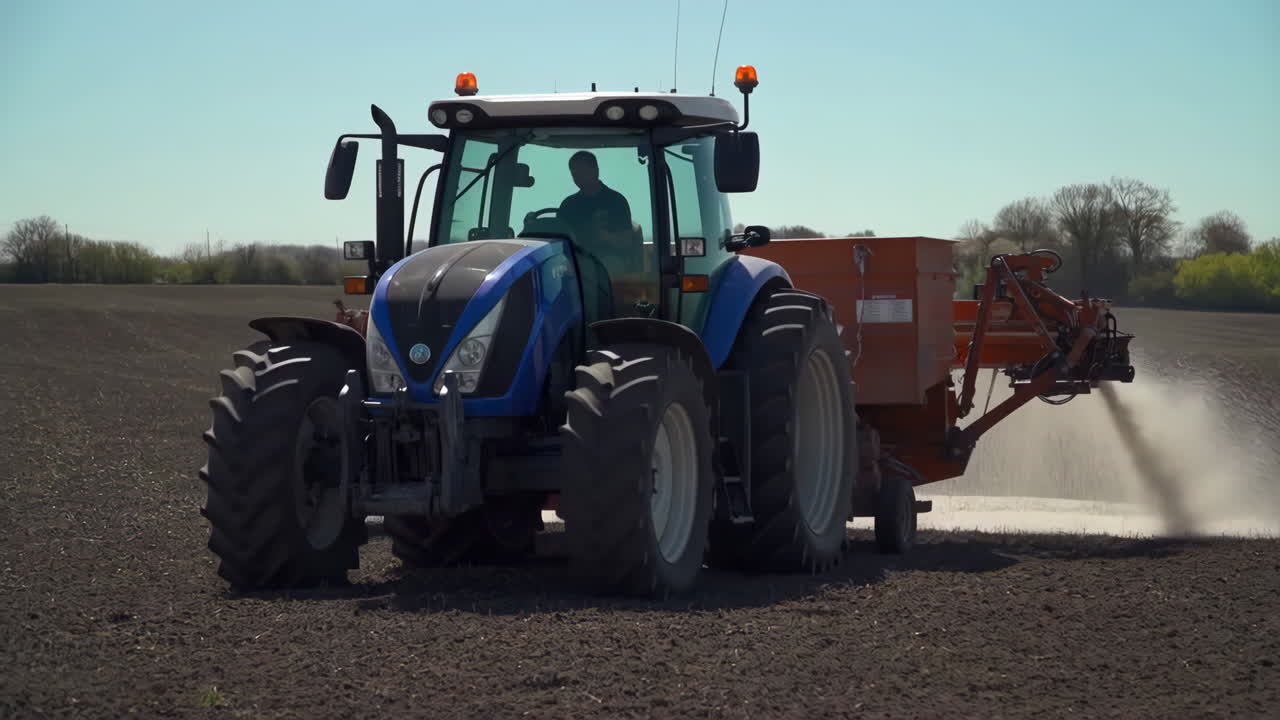 Agricultural Tractor Spreading Seeds or Fertilizer in a Field