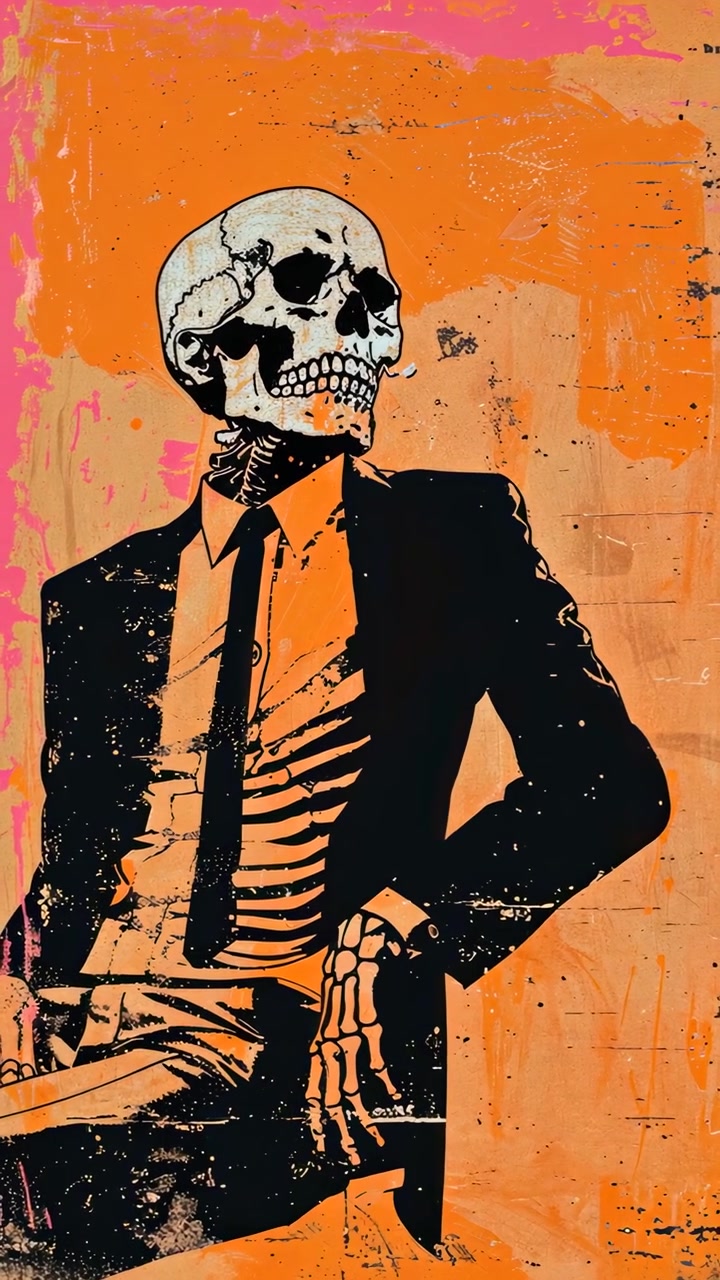 Scheletro stilizzato in completo che fuma, illustrazione pop art