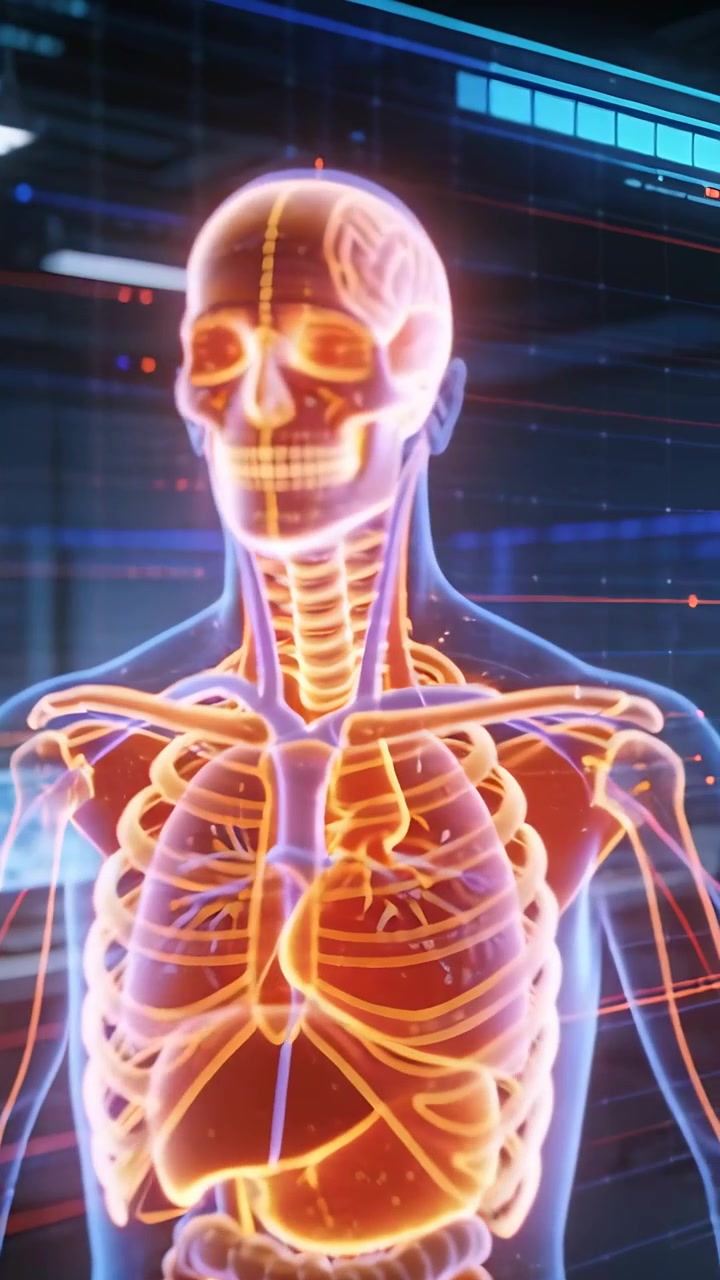 Video verticale: Telecamera in panoramica che mostra un'anatomia olografica rotante in laboratorio per una revisione diagnostica.