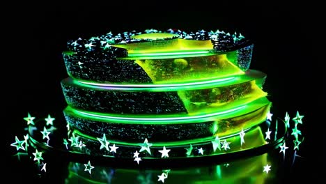 vibrant neon cake rotating against dark background, pulsating with glowing stars and morphing through dynamic color spectrum