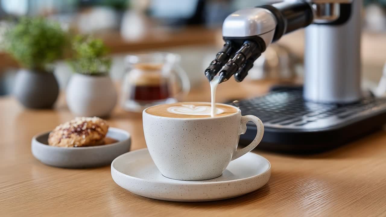 A Robotic Barista Perfectly Pours frothy Milk into a Cup of Coffee, Adding Charm to an Inviting Café Experience with Delicious Treats on the Side