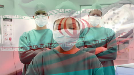 animation of flag of south iran waving over surgeons in operating theatre