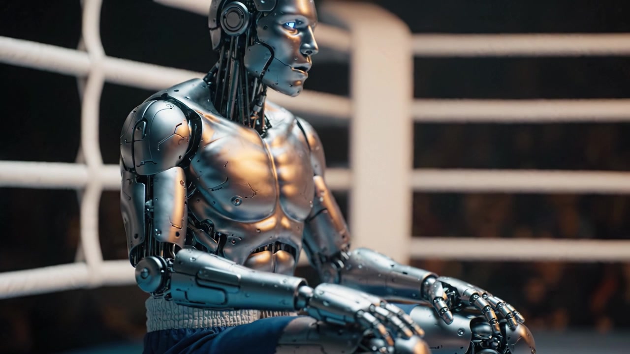 A highly detailed and futuristic robot sits in a boxing ring, showcasing metallic features and an intense focus, embodying the future of technology in sports.