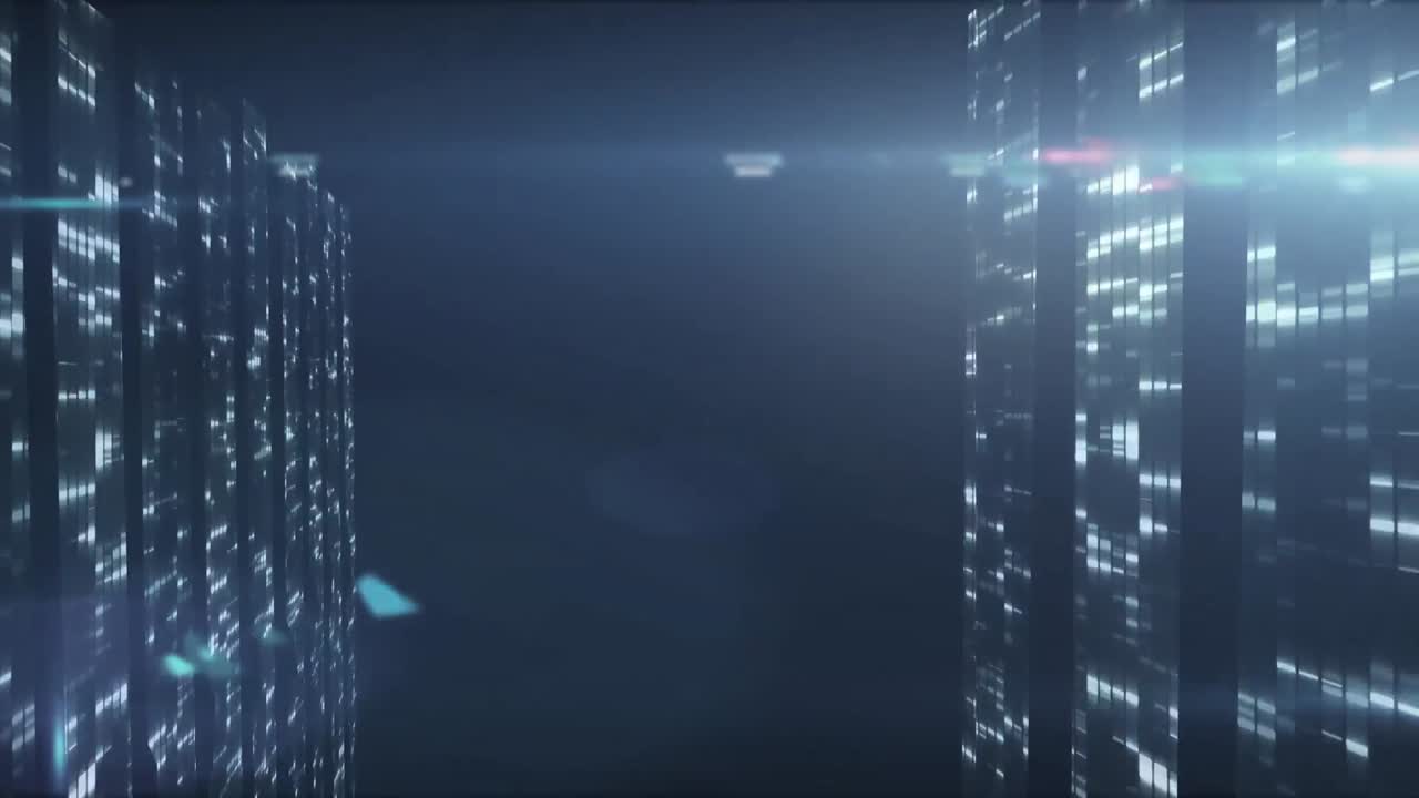 Animation of data processing and digital information flowing through network of computer servers