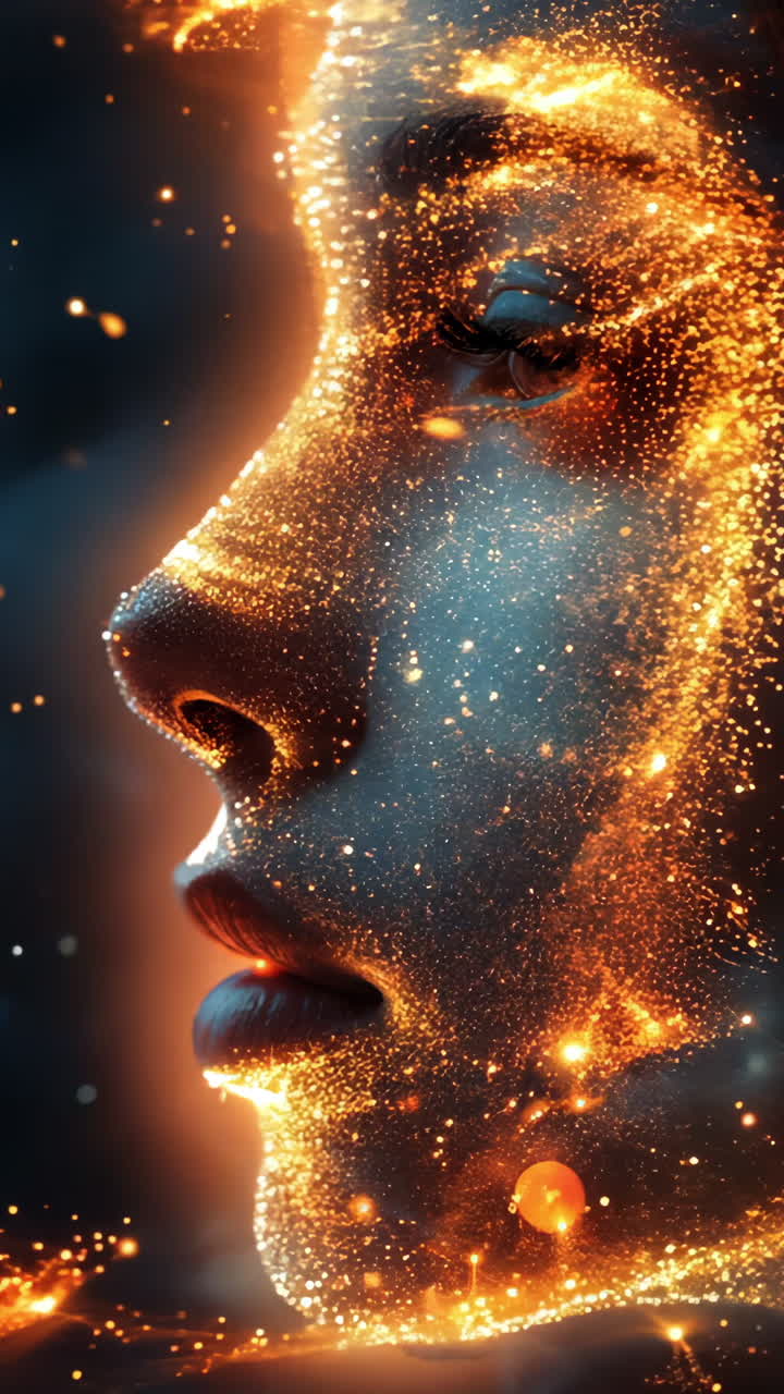 A woman's face is lit up with bright orange lights. The image has a futuristic and surreal feel to it, with the glowing lights creating a sense of otherworldliness