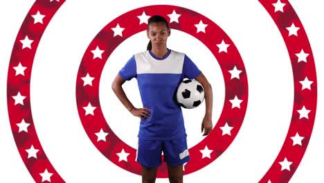 Animation-of-female-football-player-over-american-flag-pattern-and-colour-circles
