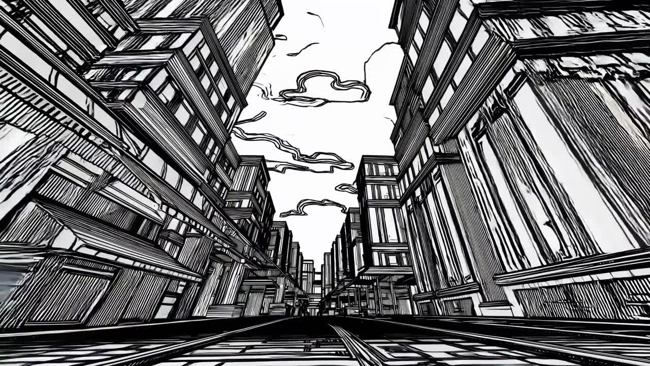 A black and white sketch-style cityscape with a low-angle view, creating a dynamic and immersive